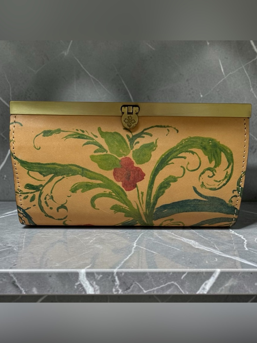 Patricia Nash Tan With Red And Green Floral Motif Wallet Clutch